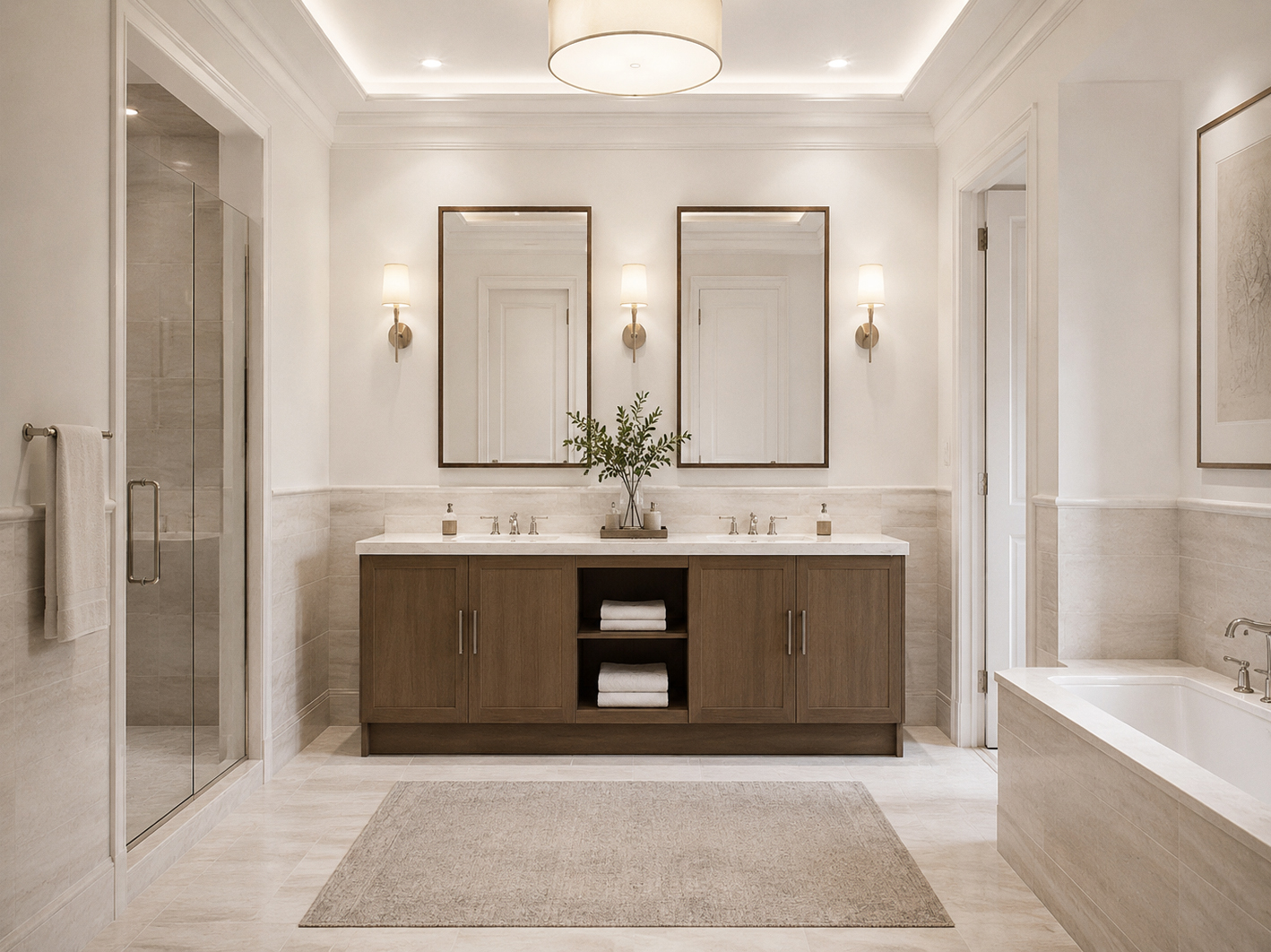 Novecento bathroom vanity in natural wood with marble countertops