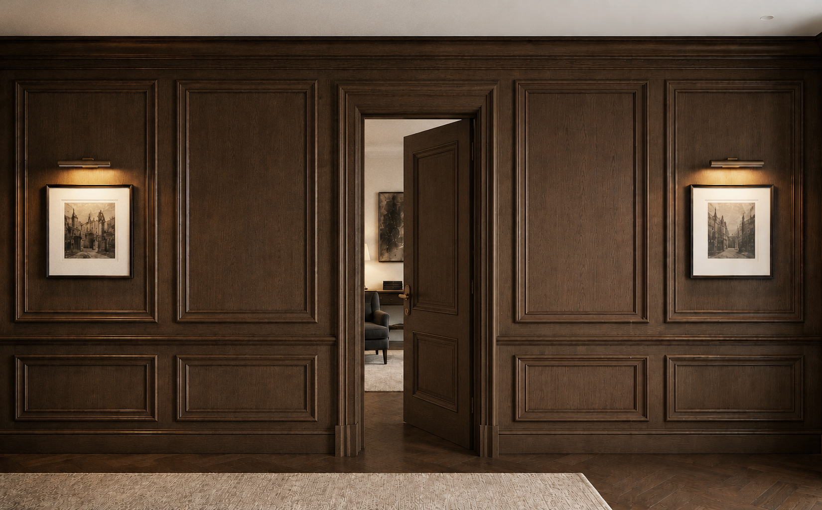 Classical wood boiserie paneling with a fully concealed door, open