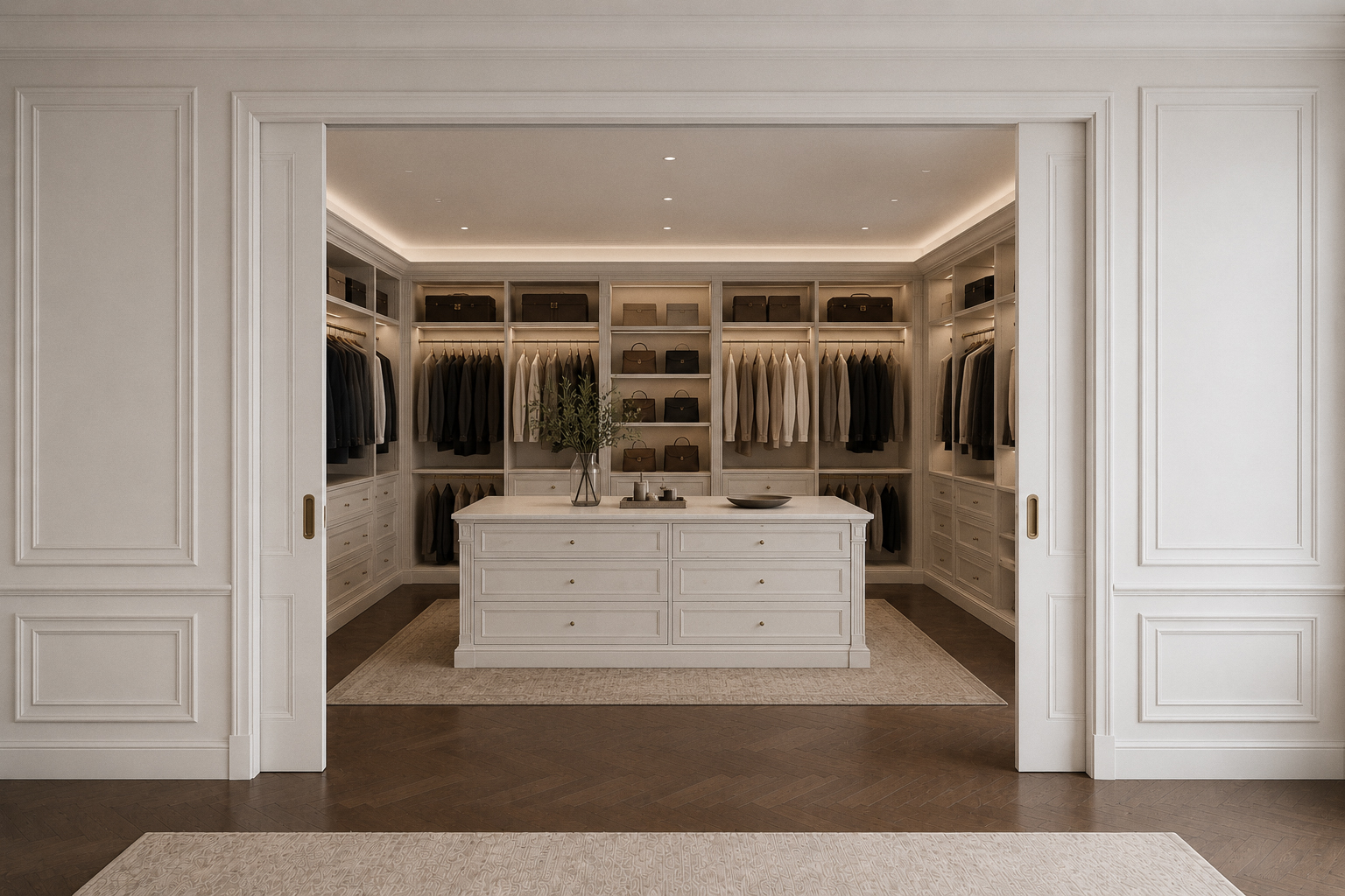 Boiserie paneling with concealed cabinet doors