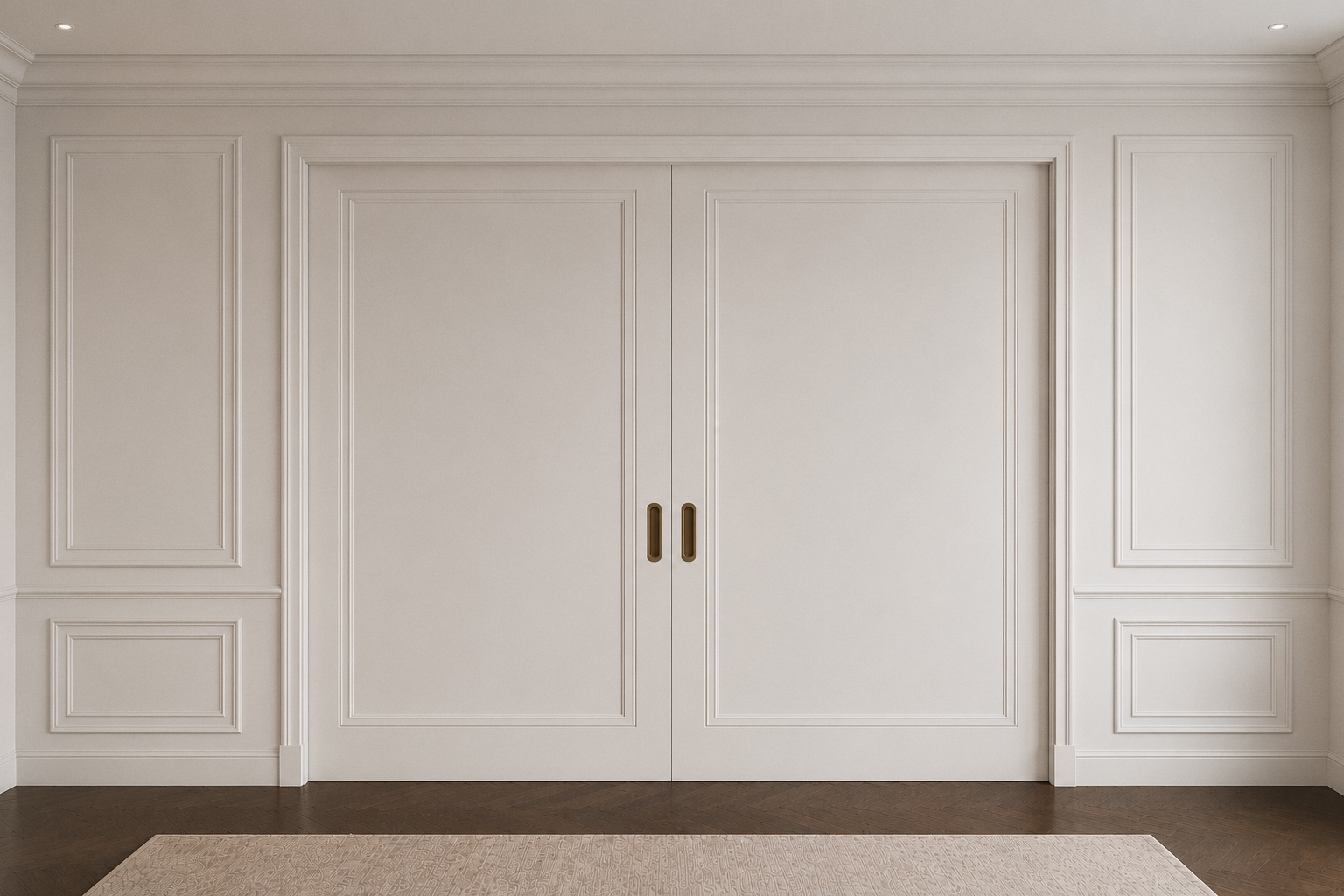 Boiserie paneling with concealed glass sliding doors, open to kitchen