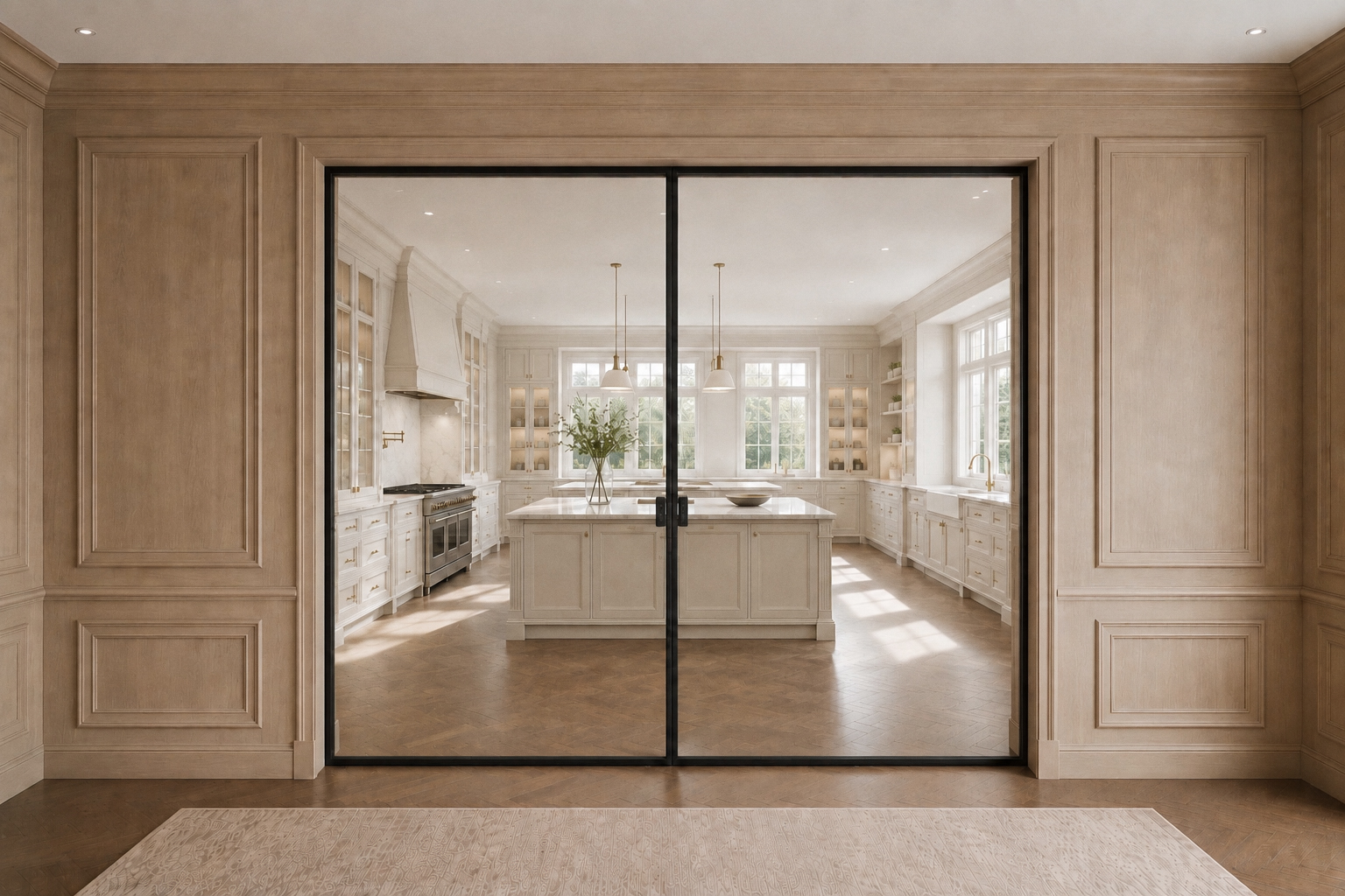 Boiserie paneling with concealed glass sliding doors, detail