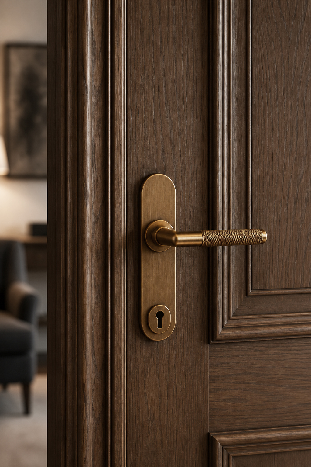 Detail of brass door hardware set into wood boiserie paneling