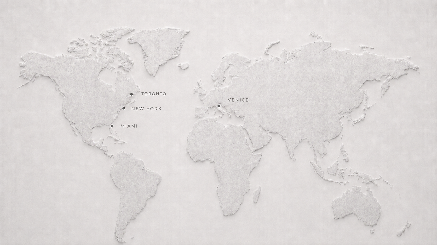 World map showing Canova Classico showroom locations in Toronto, New York, Miami, and Venice